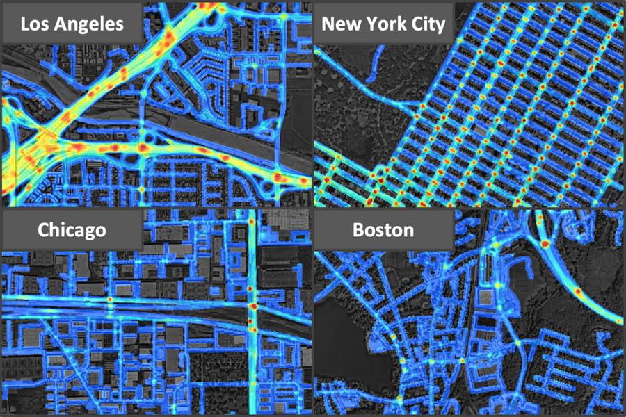Sur les quatre villes étudiées (Los Angeles, New York, Chicago et Boston), la première présente le plus haut risque de collision. © MIT CSAIL